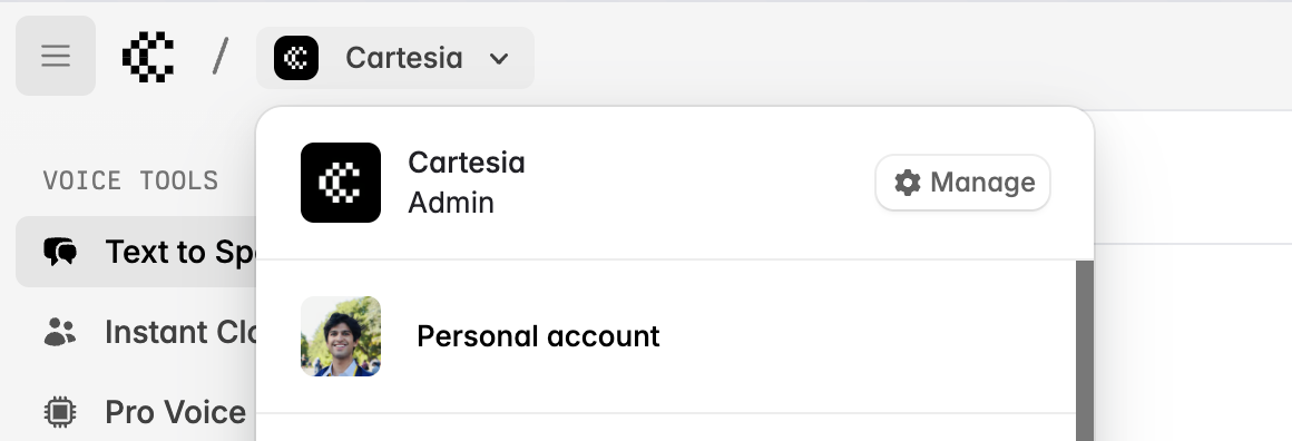 Organization manage button in switcher